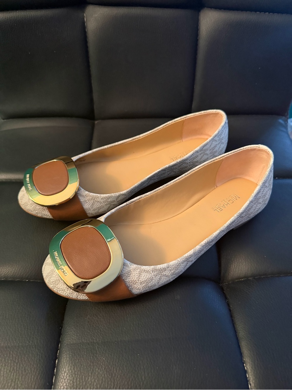 Michael Kors Grey Fabric Ballet Flats with Brown Leather Trim and Gold Accent